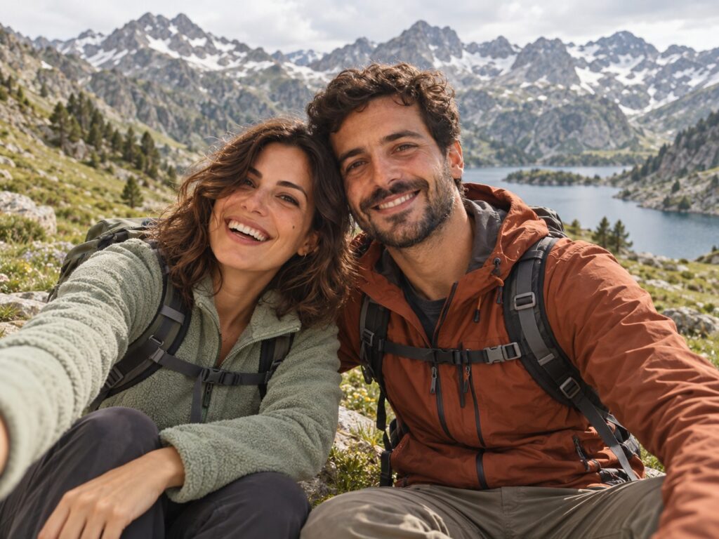 Pareja de muestra de excursión junto a un lago de montaña