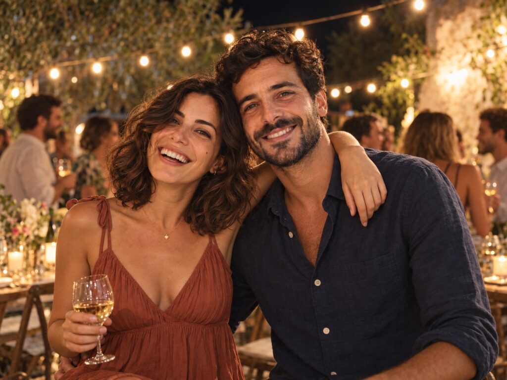 Pareja de muestra celebrando una fiesta con amigos