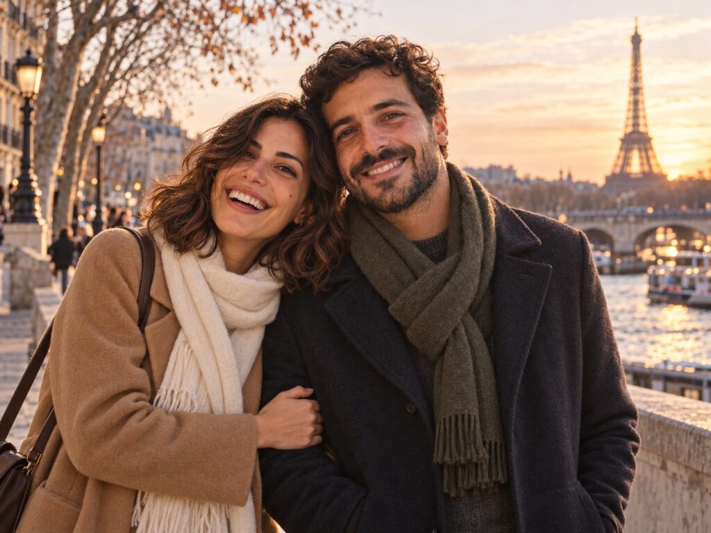 Pareja de muestra de viaje de invierno en París