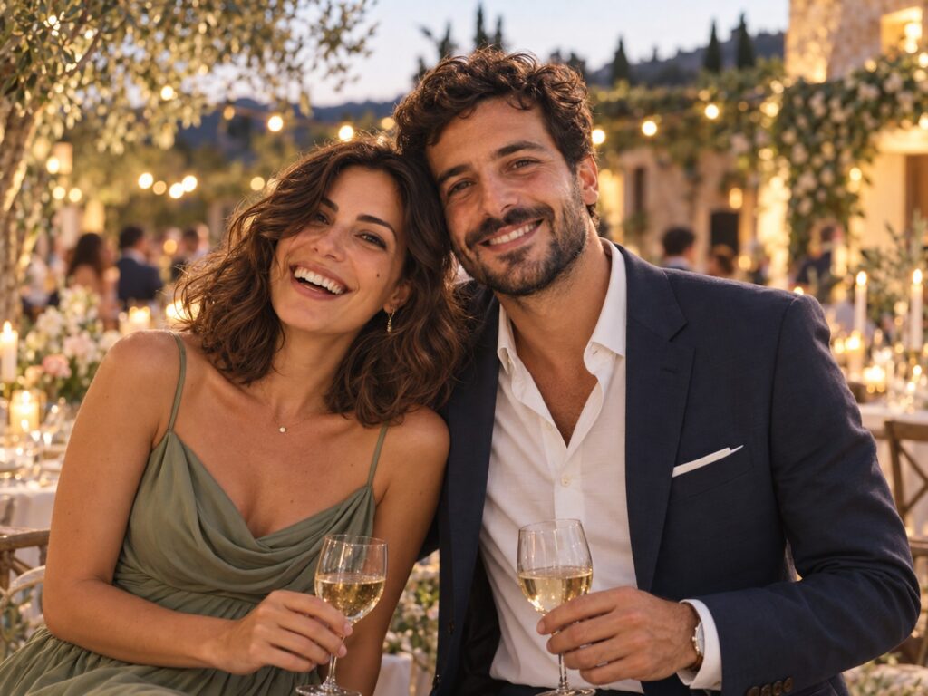 Pareja de muestra vestida de fiesta en una celebración de jardín