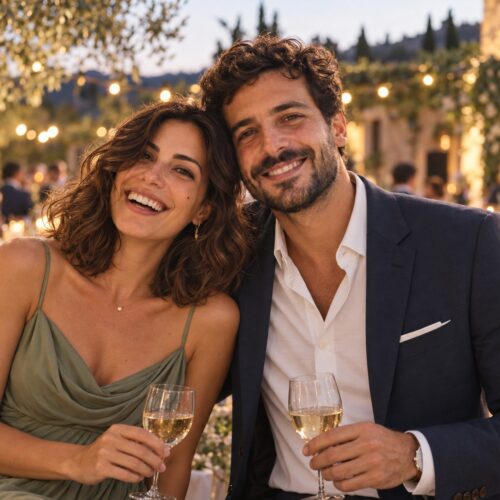 Pareja de muestra vestida de fiesta en una celebración de jardín