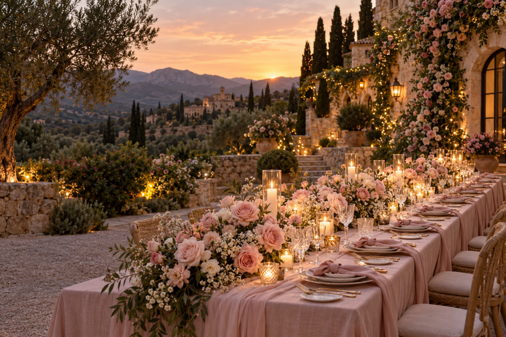 Mesa de boda con rosas rosas y velas en un jardín mediterráneo al atardecer